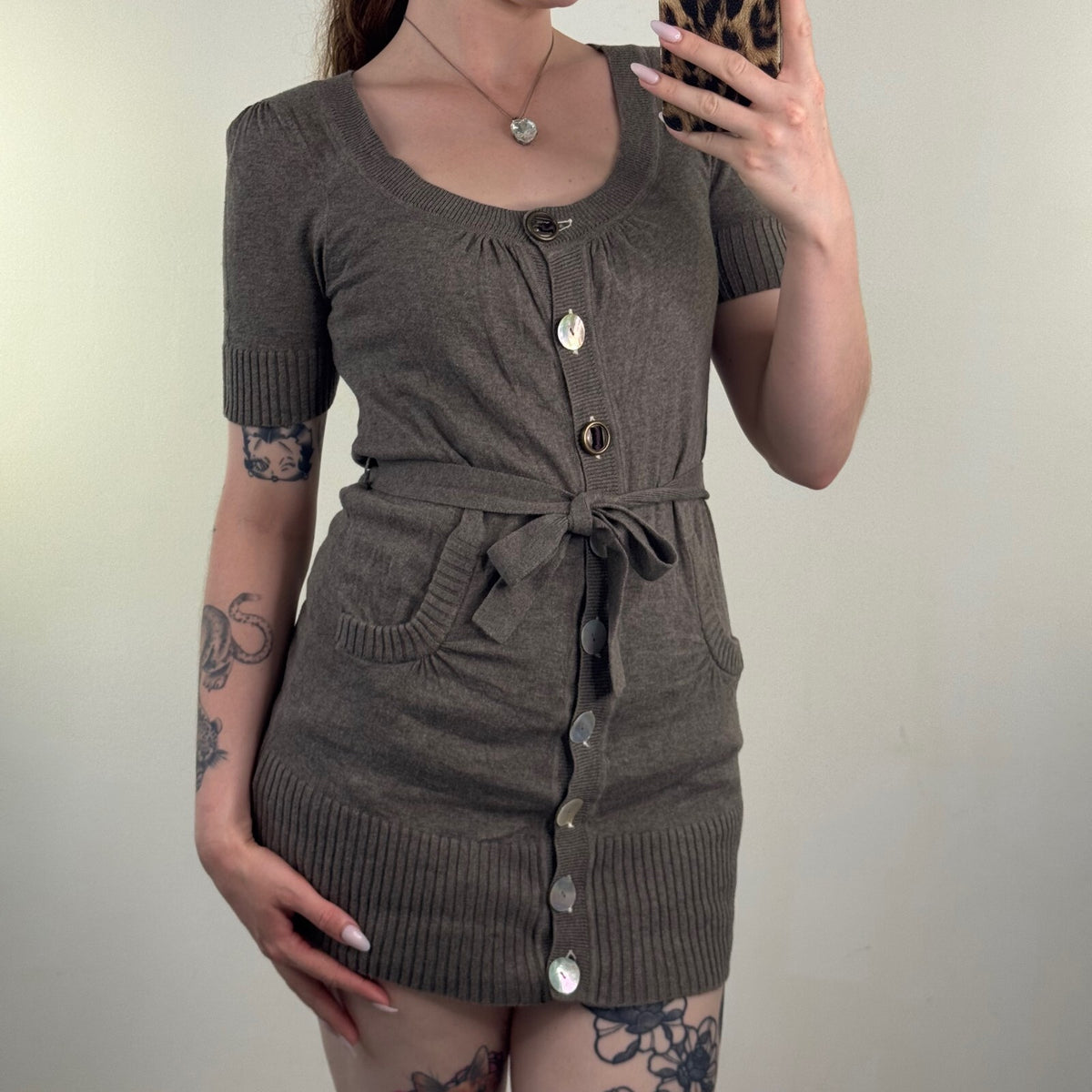 Y2K vintage cardigan short sleeve shell button up bow belt fine knit scoop neck