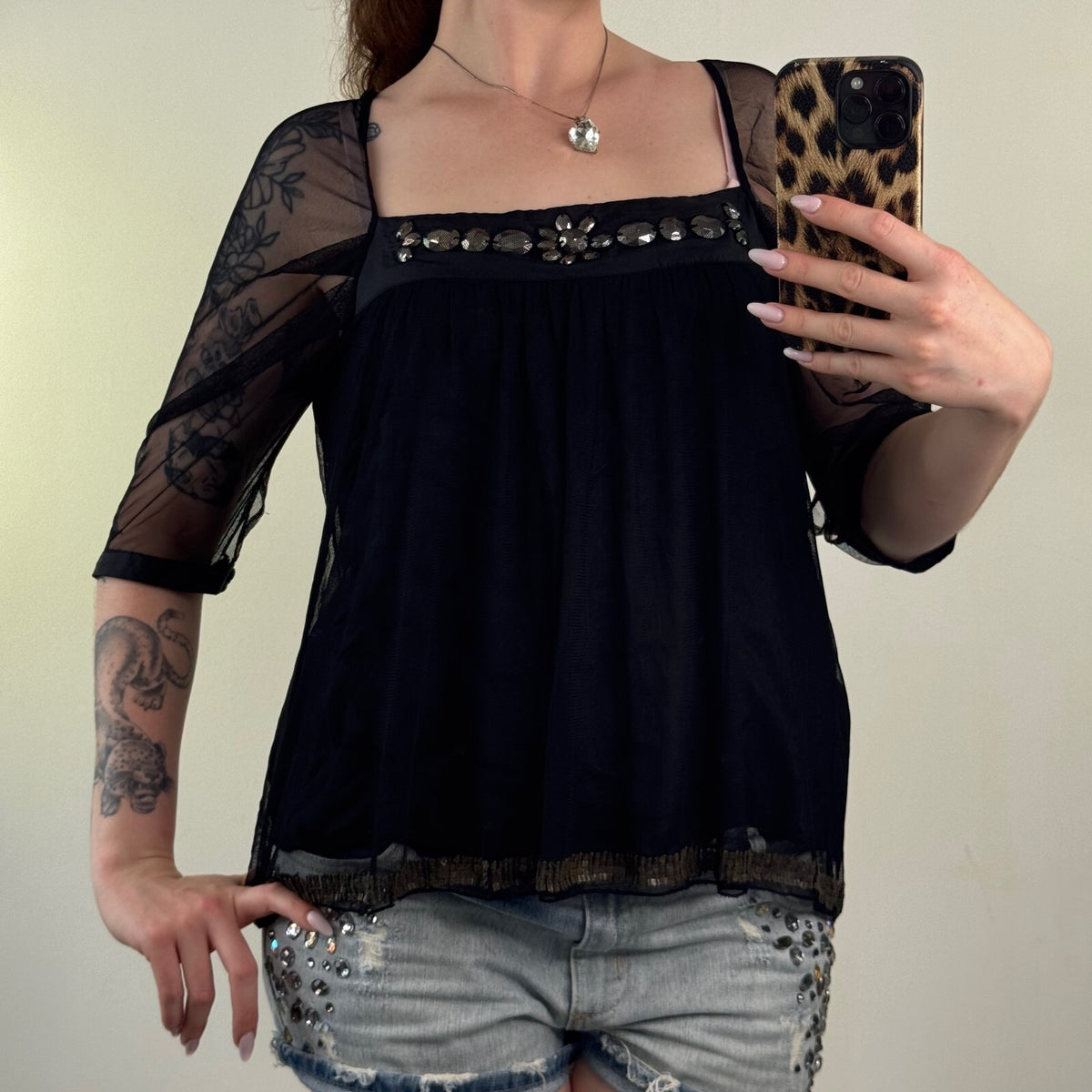 Y2K vintage silk blouse mesh 3/4 sleeve embellished boho layered square neck