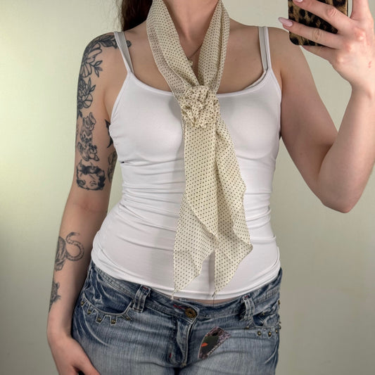 Y2K vintage scarf polka dot frilly flower cream brown sheer skinny thin