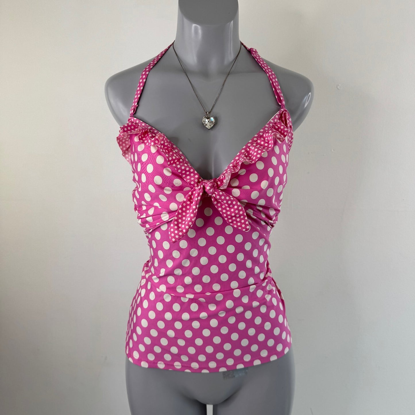 Y2K vintage tankini top halter neck polka dot bow ruffle ruched