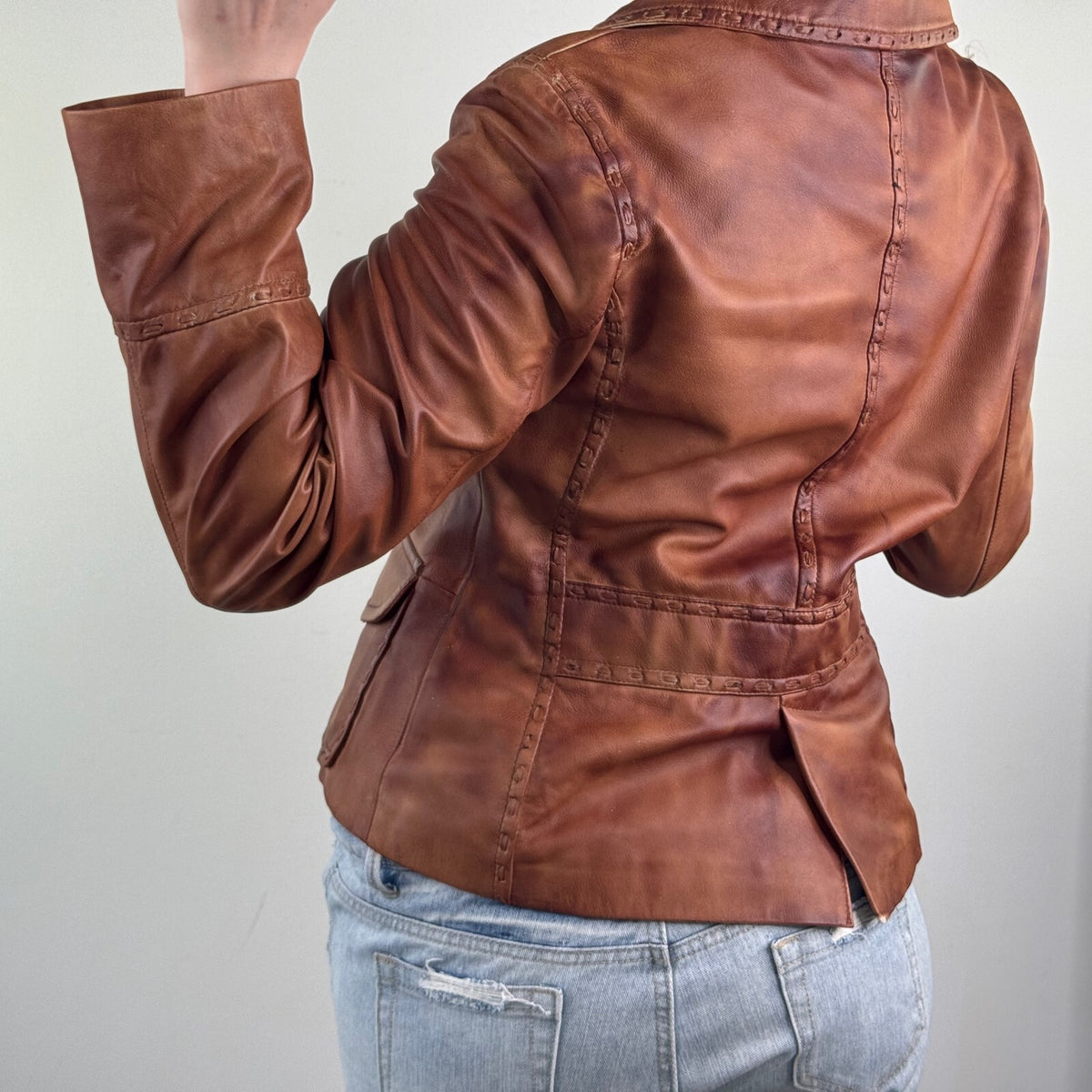 Y2K vintage genuine leather jacket button faded whipstitch burnished tan blazer