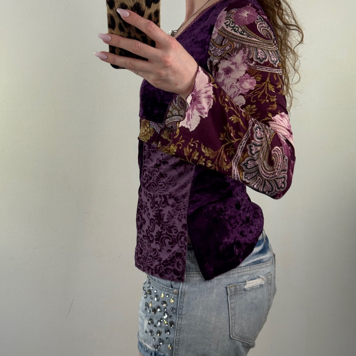 Y2K vintage flare sleeve top boho patchwork lace trim v neck velvet mesh paisley
