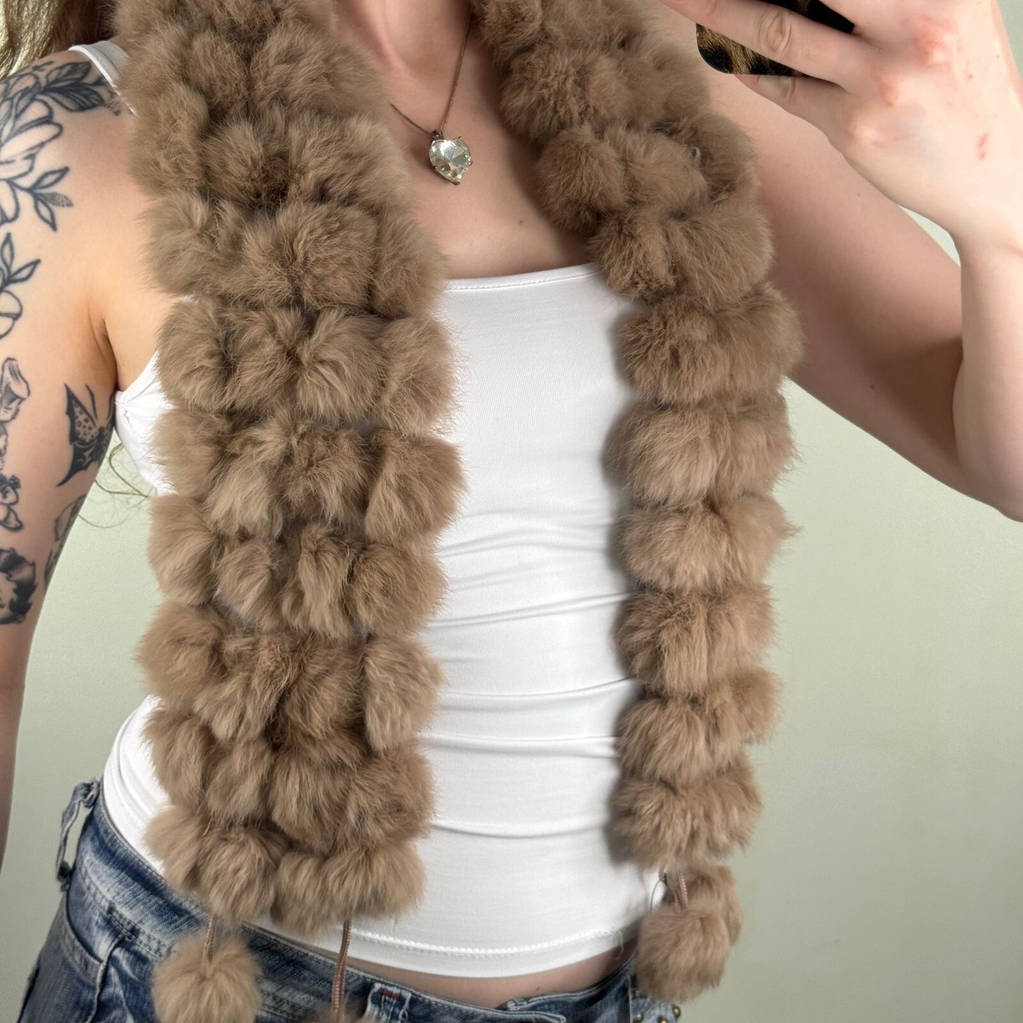 Y2K vintage genuine rabbit/ lapin scarf light brown pom pom