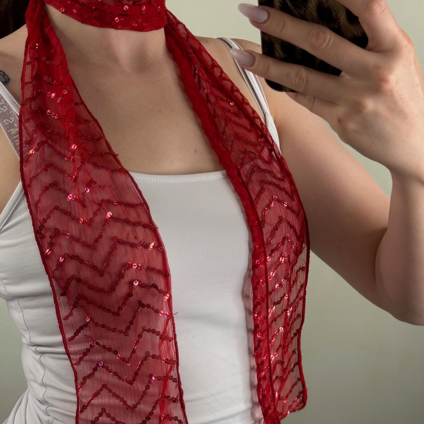 Y2K vintage scarf sequin embellished chevron mesh sheer skinny thin