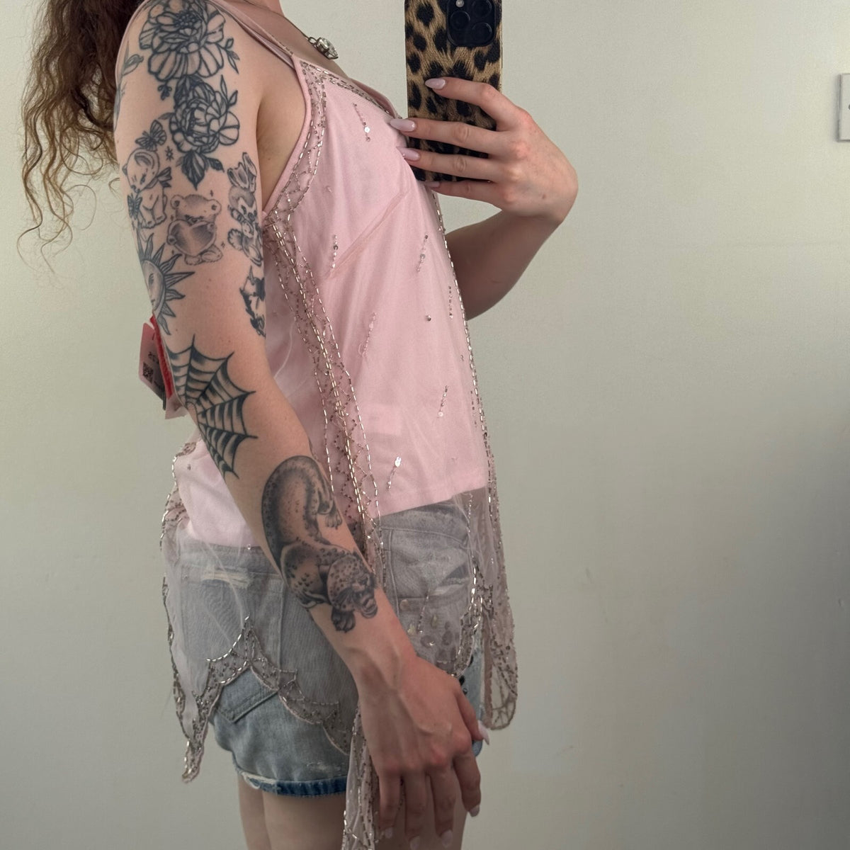 Y2K vintage fairy cami top beaded embellished baby pink mesh sequin coquette