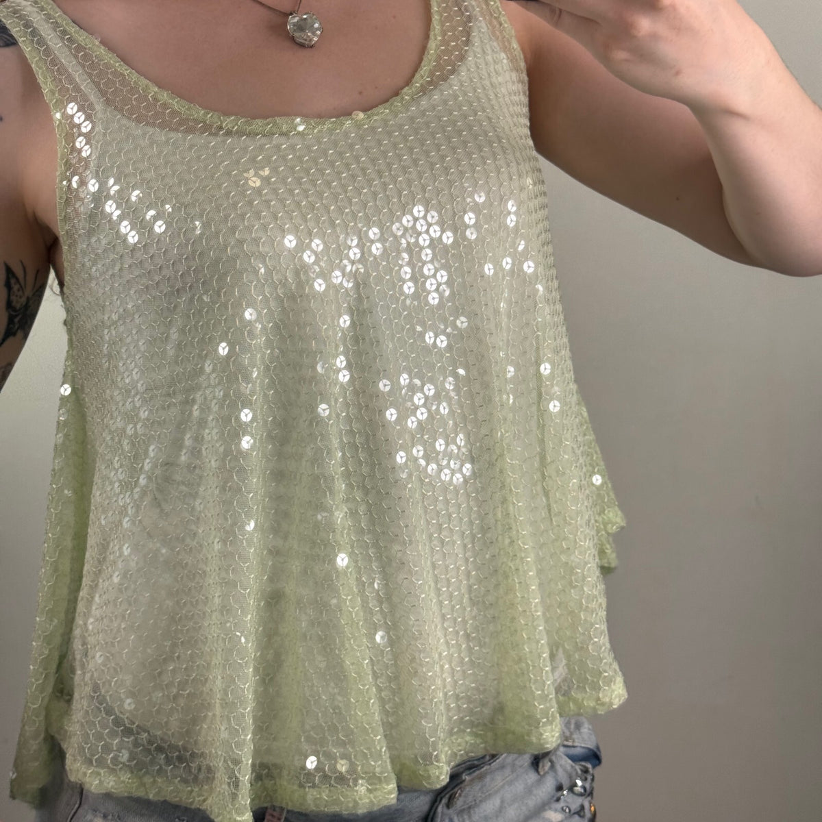 Y2K vintage tank top sequin embellished sheer light green asymmetrical