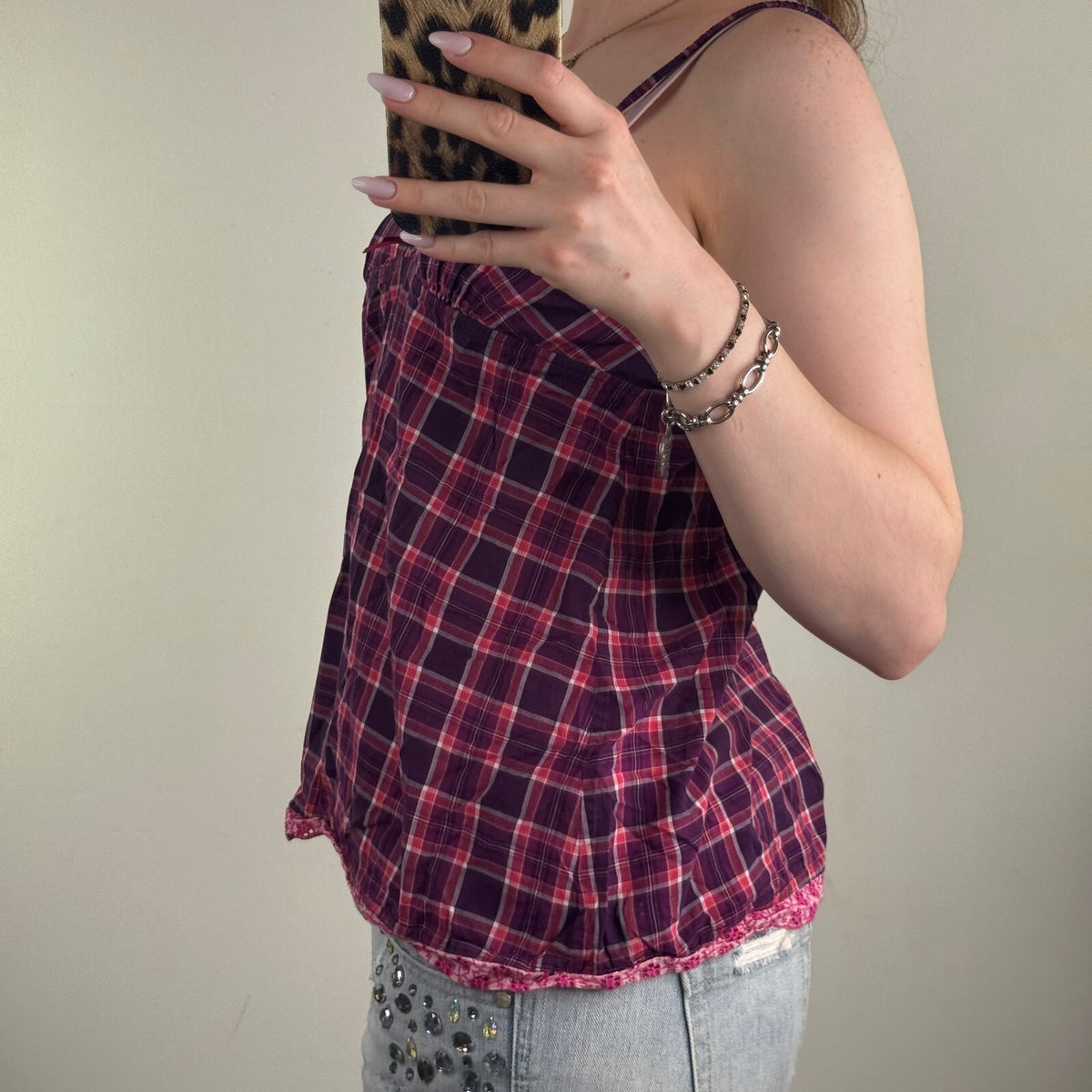 Y2K vintage Jack Wills cami top tartan print purple pink v neck bow babydoll