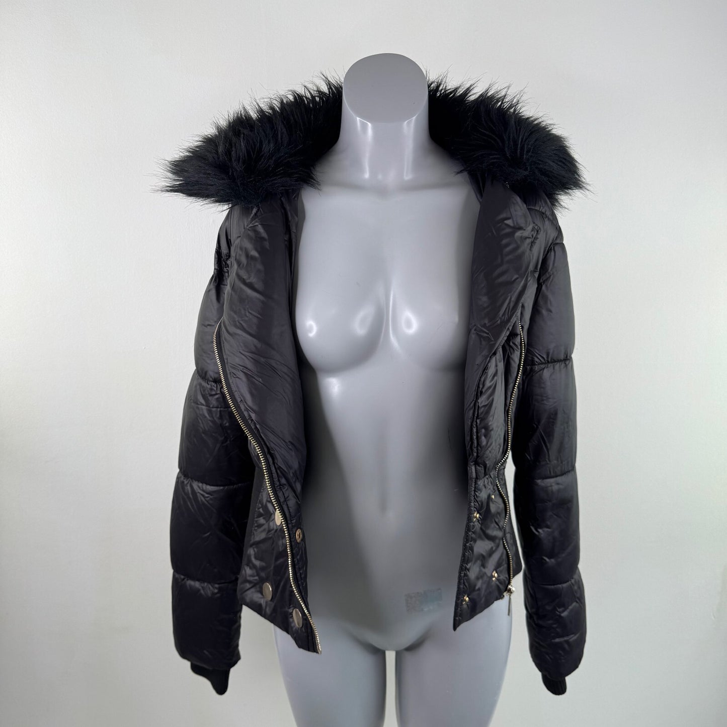 Vintage asymmetrical zip up bomber jacket faux fur trim mcbling cinch fitted