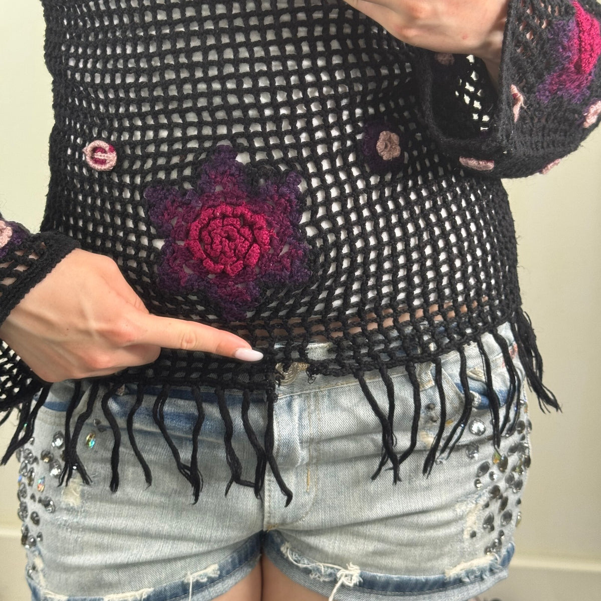 Y2K vintage crochet jumper knit floral pattern flare long sleeve fringe v neck