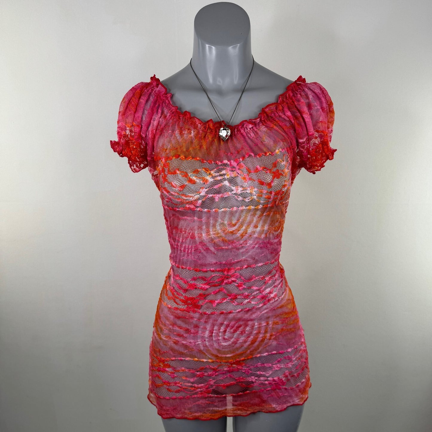 Y2K vintage Per Una short sleeve top mesh sheer floral lace ombre stretchy