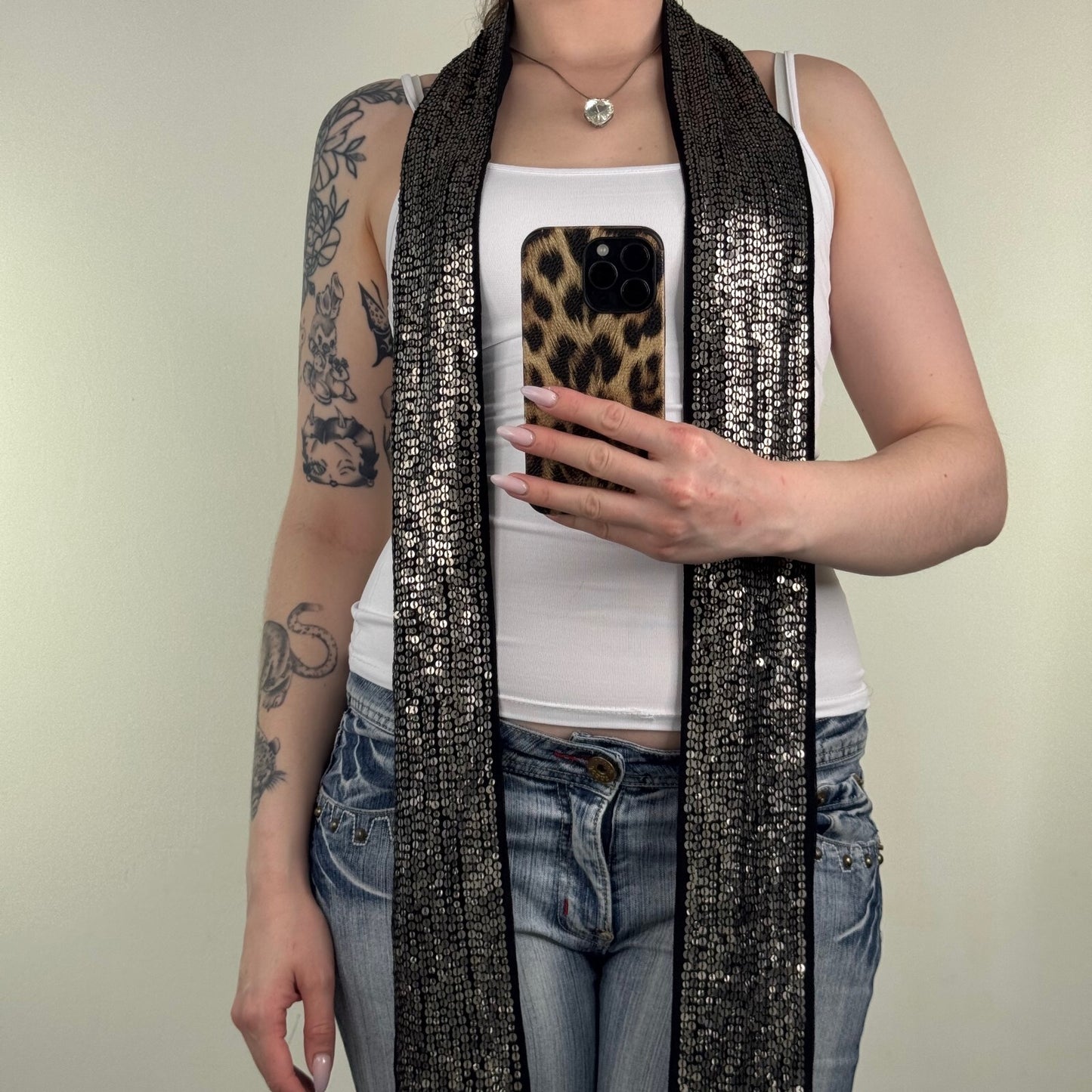 Y2K vintage scarf sequin black silver shiny thin skinny