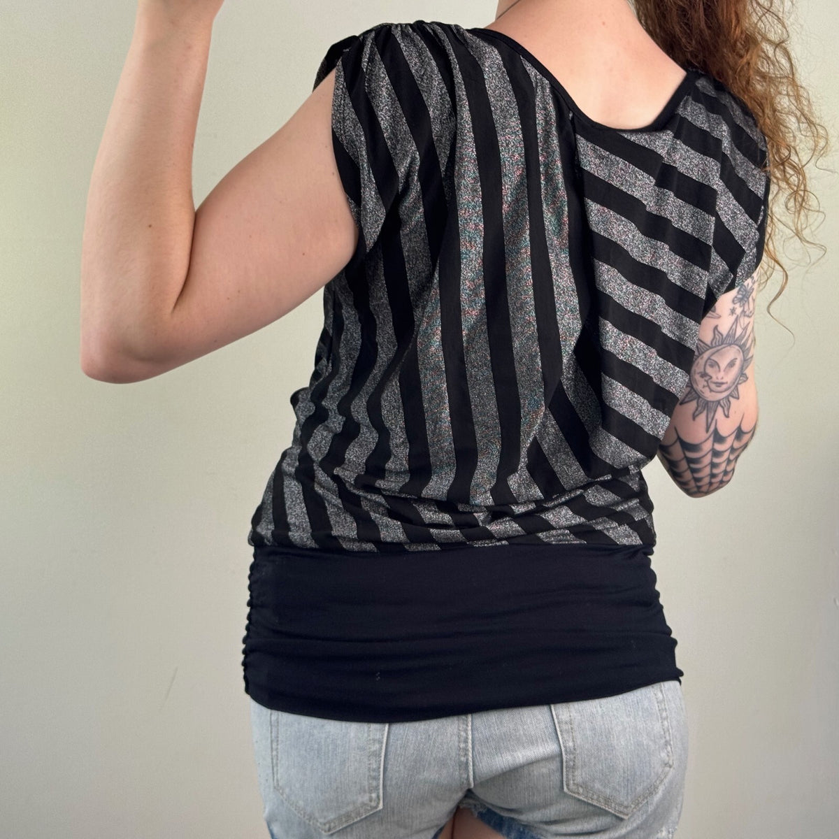 Y2K vintages stripe t-shirt short sleeve top slouchy straight neck sparkly