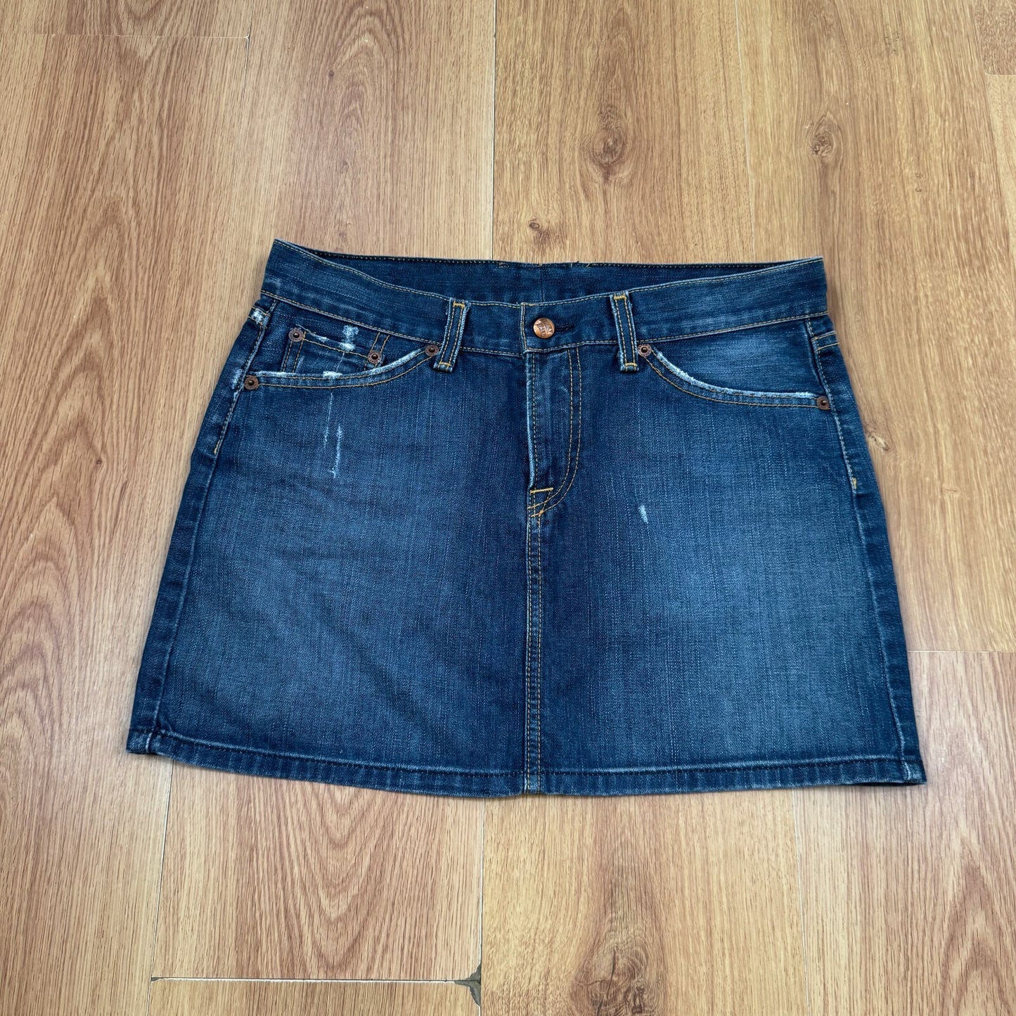 Y2K vintage mini skirt dark blue faded denim wash luck you distressed pockets