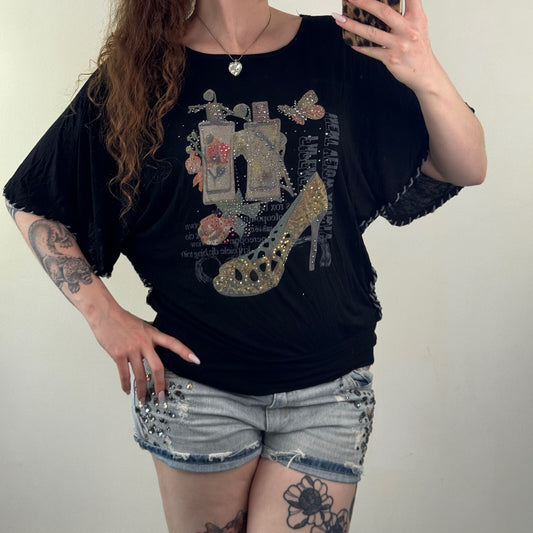 Y2K vintage t-shirt short sleeve top batwing slouchy cinch waist graphic print