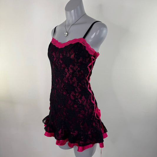 Y2K vintage chemise babydoll mini dress lace up trim frilly rara pink black bow