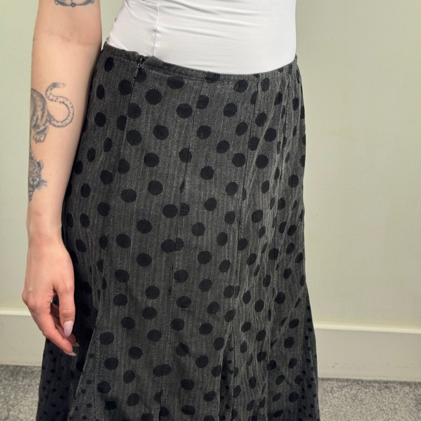 Y2K vintage Per Una maxi skirt polka dot cotton a line gathered grey black