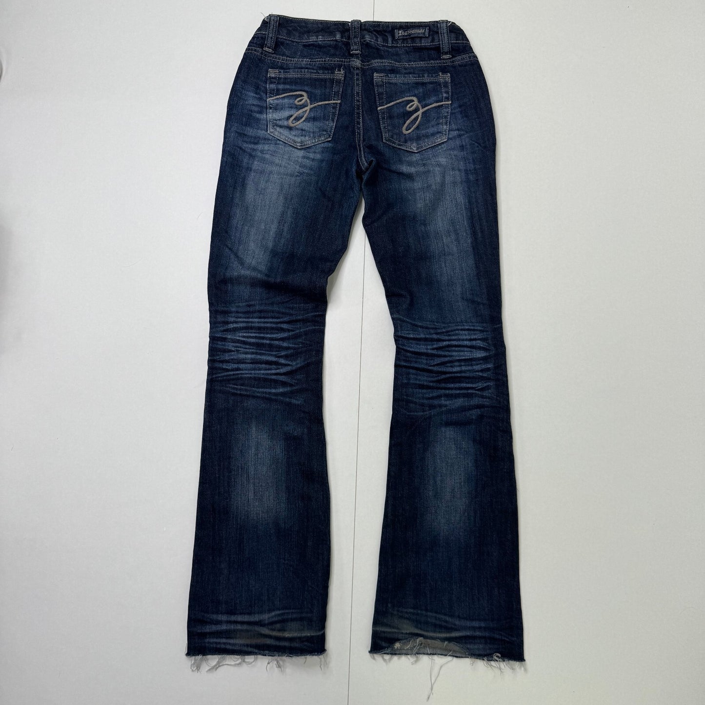 Y2K vintage low rise bootcut denim jeans dark blue wash stretchy faded