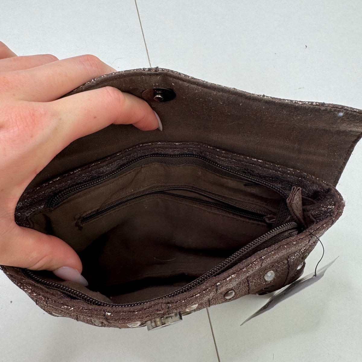 Vintage Y2K clutch mini small evening bag studs rhinestones metallic distressed