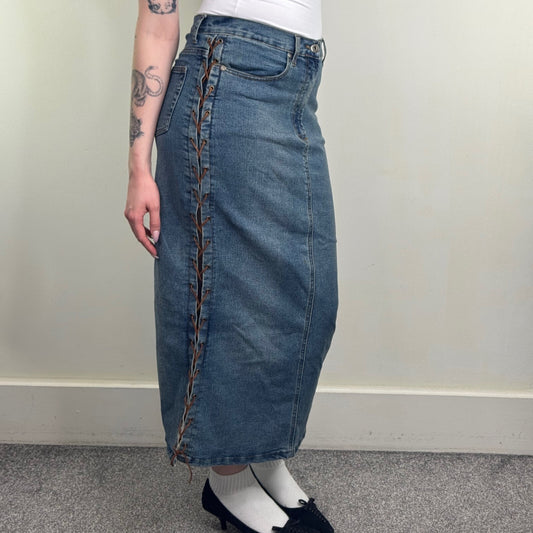 Y2K vintage denim maxi skirt lace up sides stretchy faded mid blue wash fitted