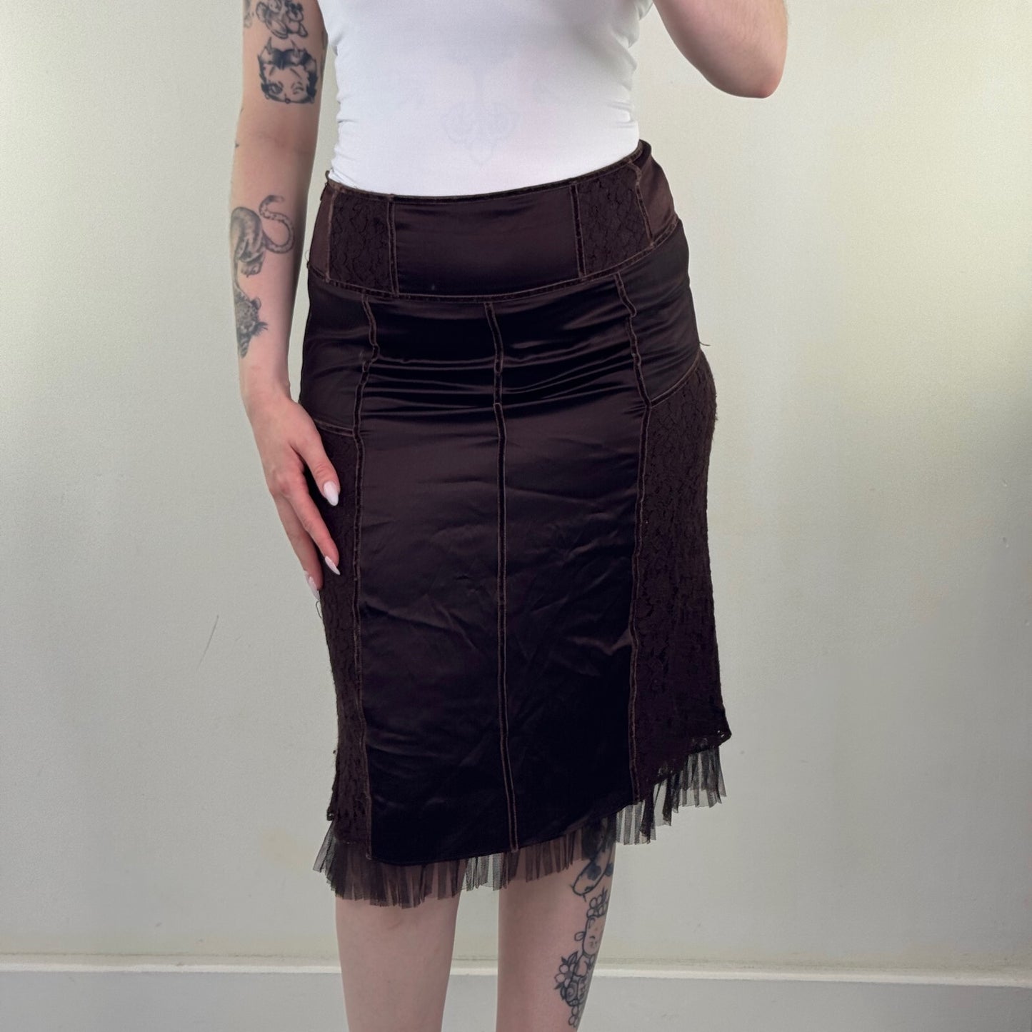 Y2K vintage Karen Millen midi skirt satin lace fairy boho mesh trim brown