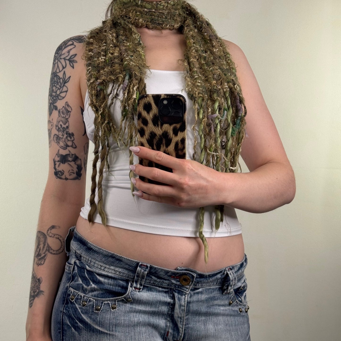 Y2K vintage scarf chunky knit fringe green fairy boho short