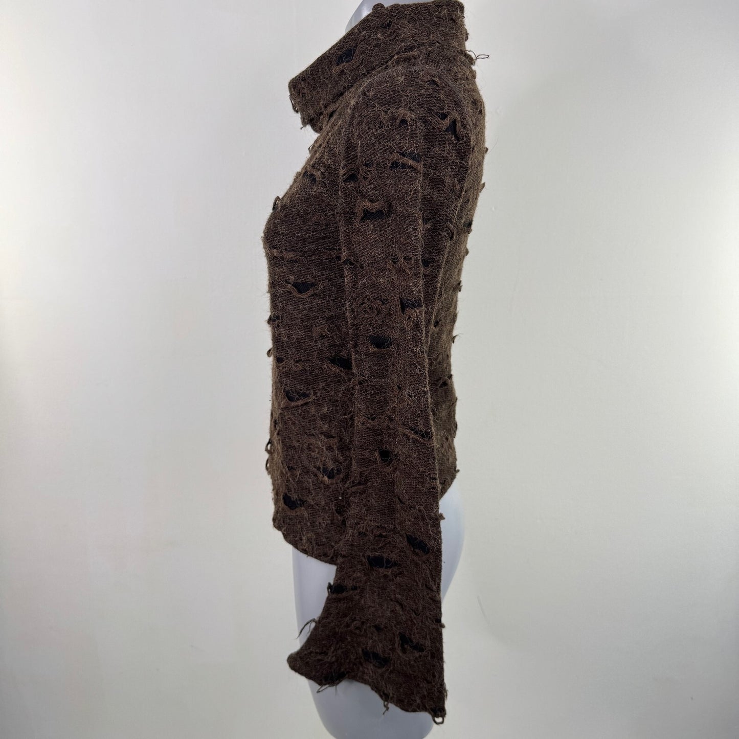 Y2K vintage wool blend jumper asymmetrical roll neck flare sleeve distressed
