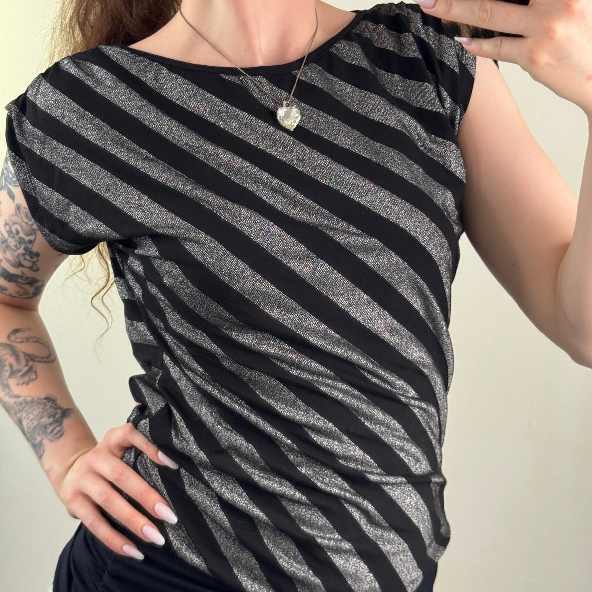 Y2K vintages stripe t-shirt short sleeve top slouchy straight neck sparkly