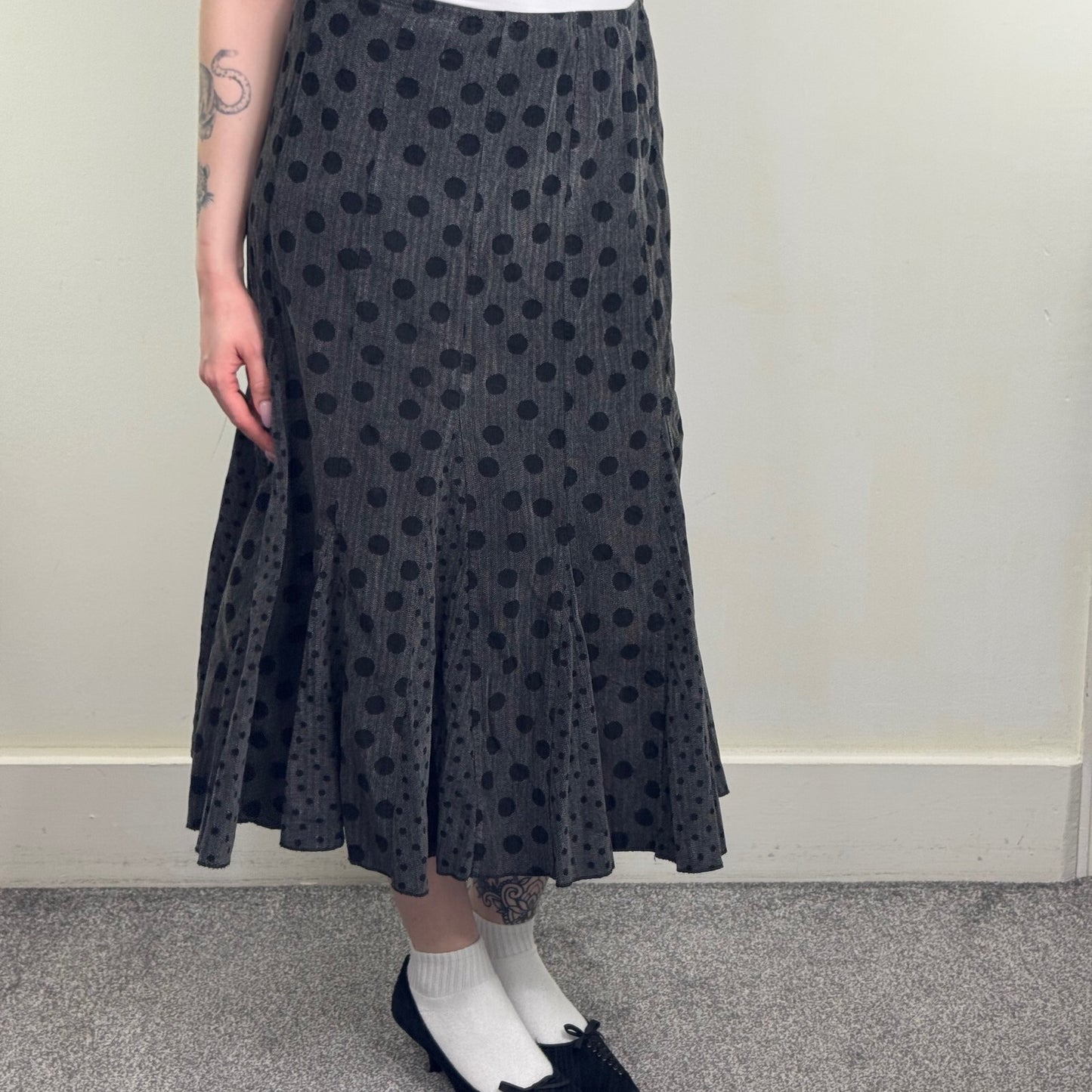 Y2K vintage Per Una maxi skirt polka dot cotton a line gathered grey black