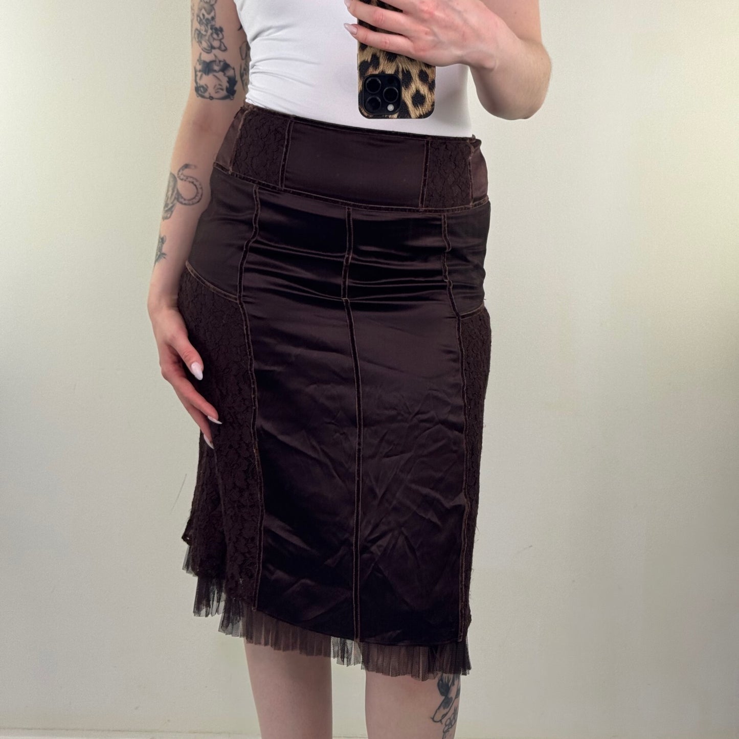 Y2K vintage Karen Millen midi skirt satin lace fairy boho mesh trim brown