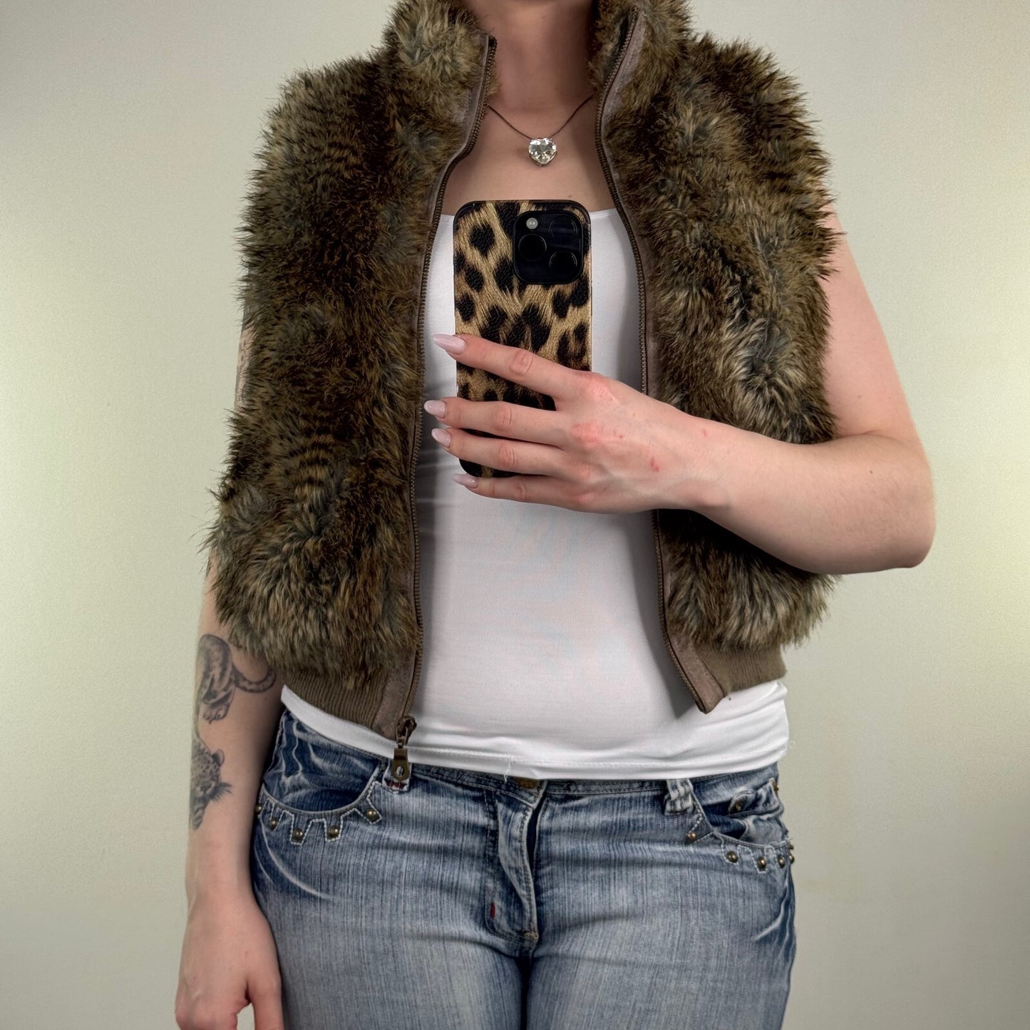 Y2K vintage faux fur gilet short bodywarmer zip up high neck suede trim brown