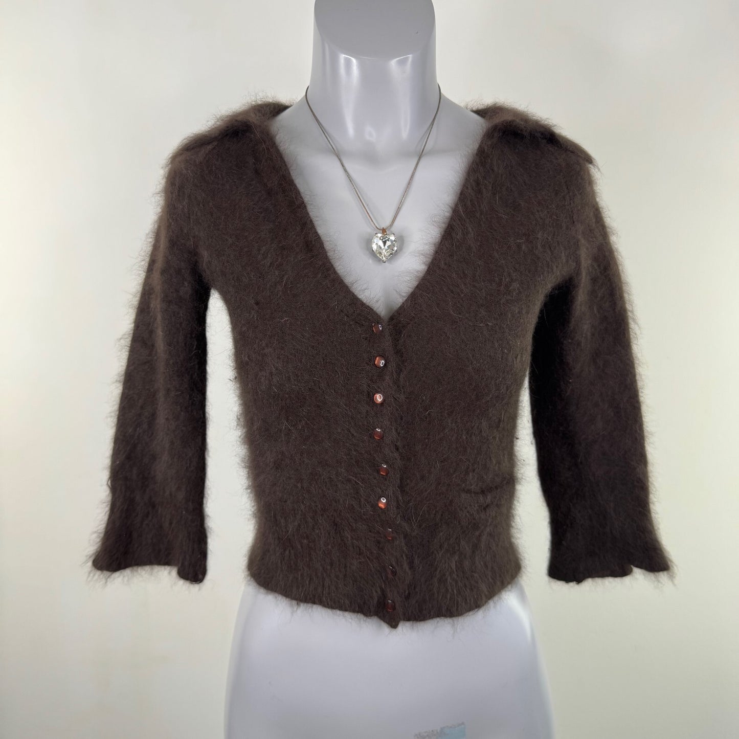 Y2K vintage angora blend cardigan button up v neck collared 3/4 sleeve crop knit