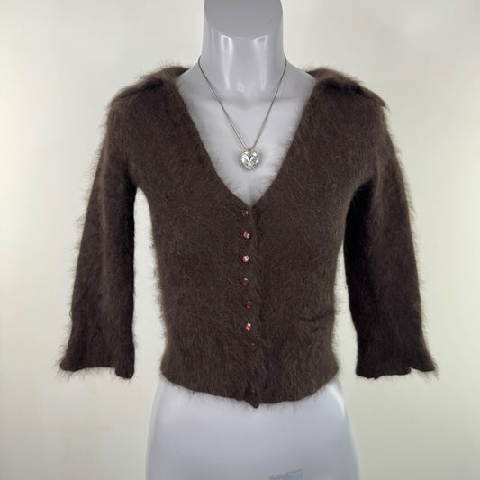 Y2K vintage angora blend cardigan button up v neck collared 3/4 sleeve crop knit