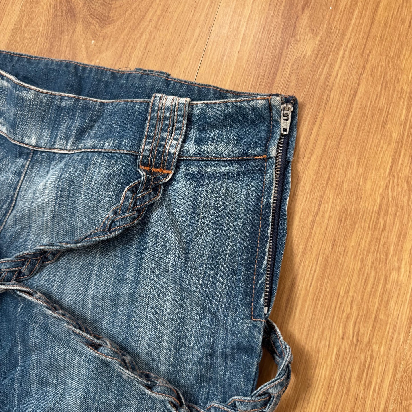 Y2K vintage bootcut denim jeans low rise braided faded mid blue wash