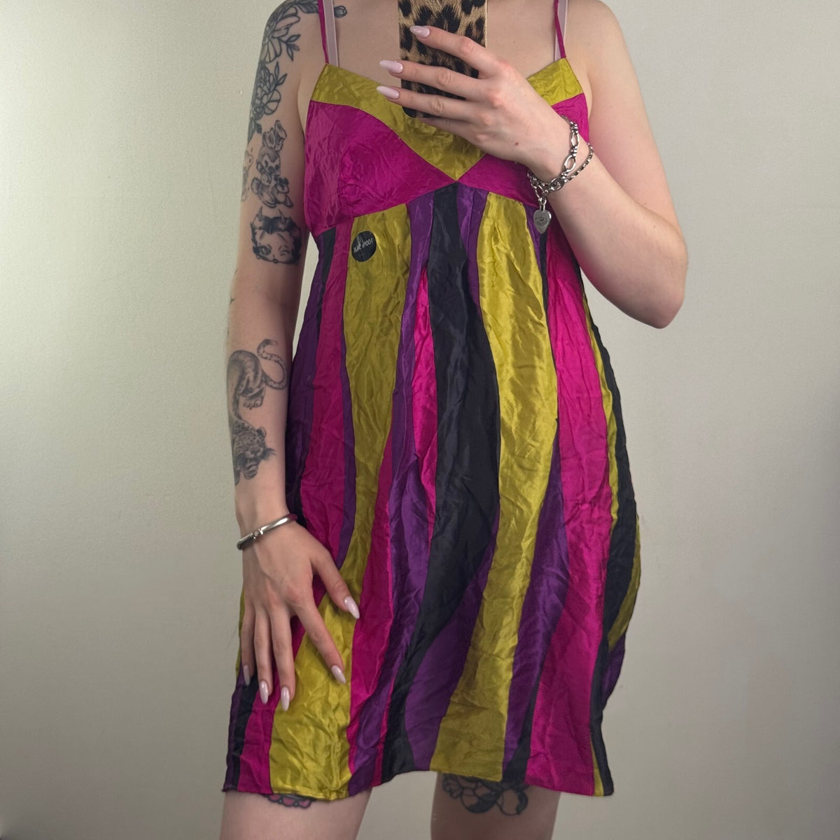 Y2K vintage 100% silk cami top stripe tie back bow babydoll strappy long tunic