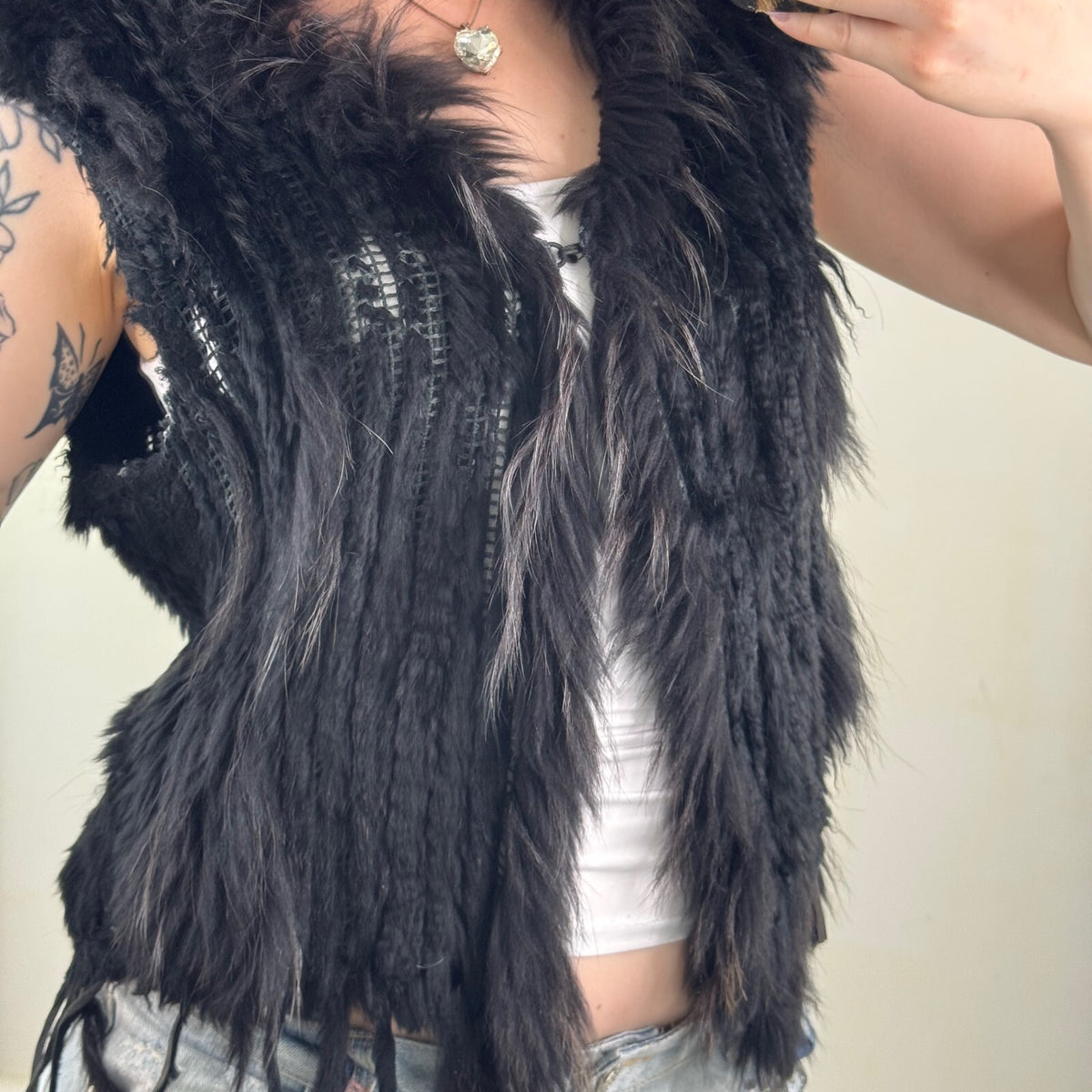 Vintage rabbit/ marmot gilet genuine fur collar trim sleeveless jacket black