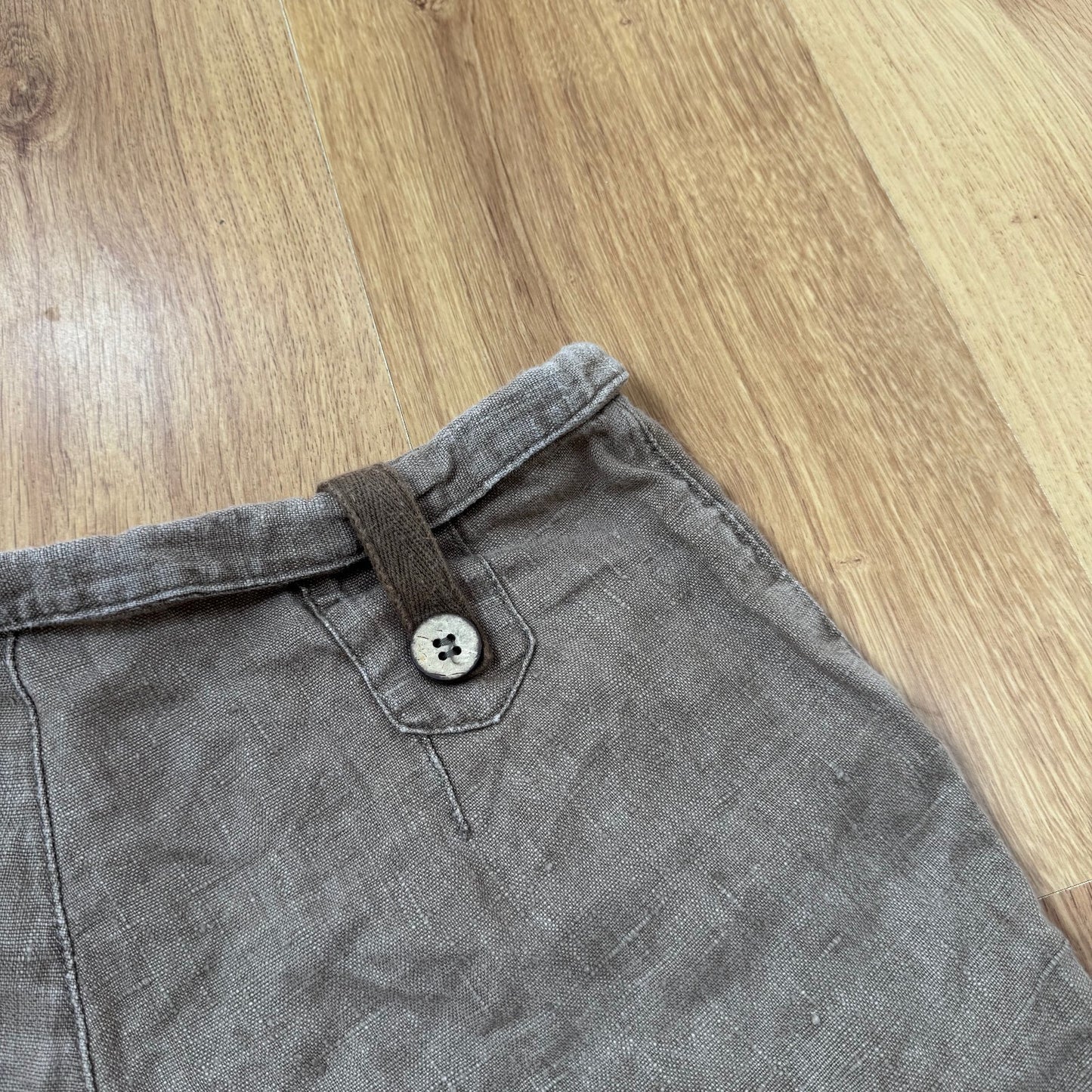 Y2K vintage 100% linen mini shorts buttons chino side pockets brown lightweight
