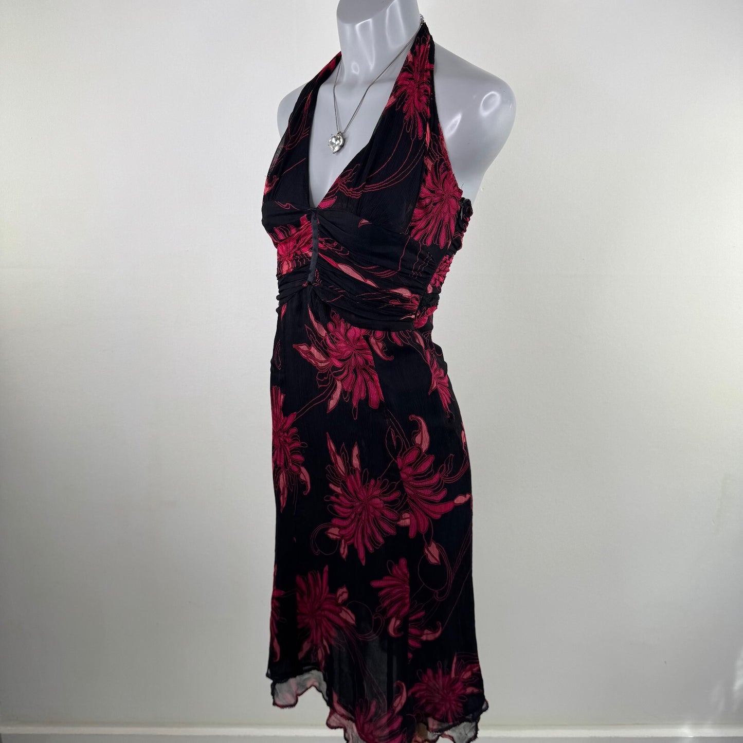 Vintage Karen Millen 100% silk midi dress halter neck floral occasion y2k 2000s