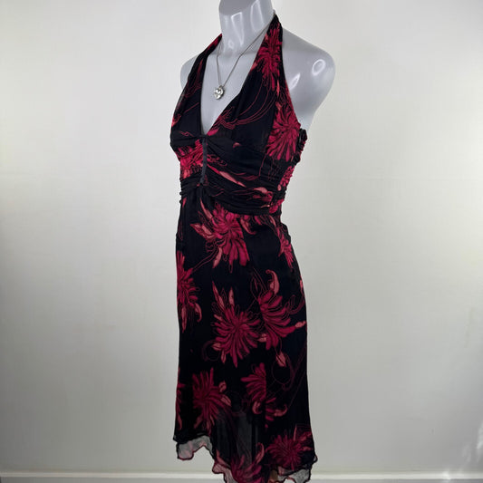 Vintage Karen Millen 100% silk midi dress halter neck floral occasion y2k 2000s