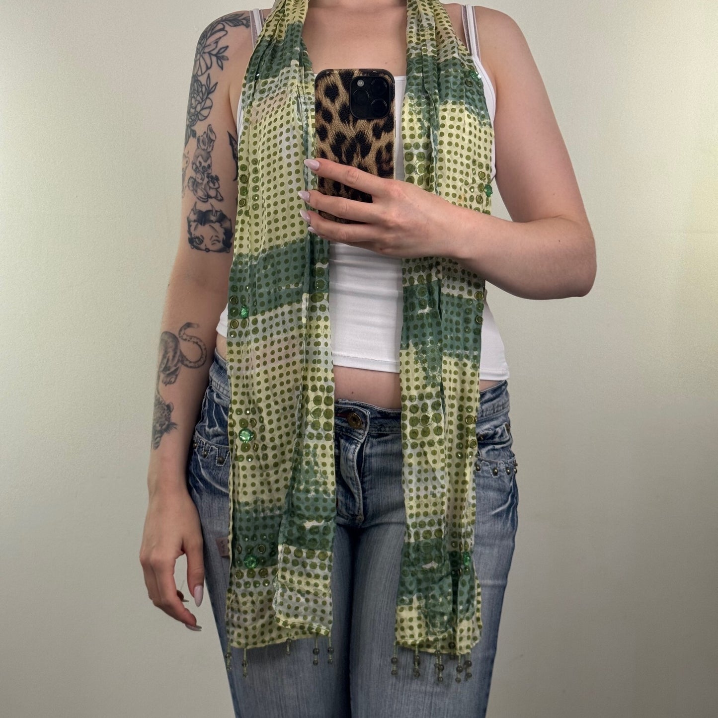 Y2K vintage Per Una scarf 100% silk polka dot sequin green stripe ombre