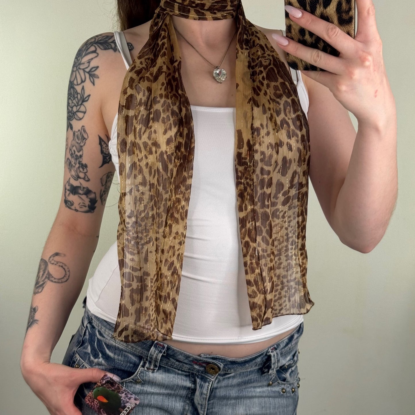 Y2K vintage scarf leopard print sheer brown sparkly pinstripe glitter skinny