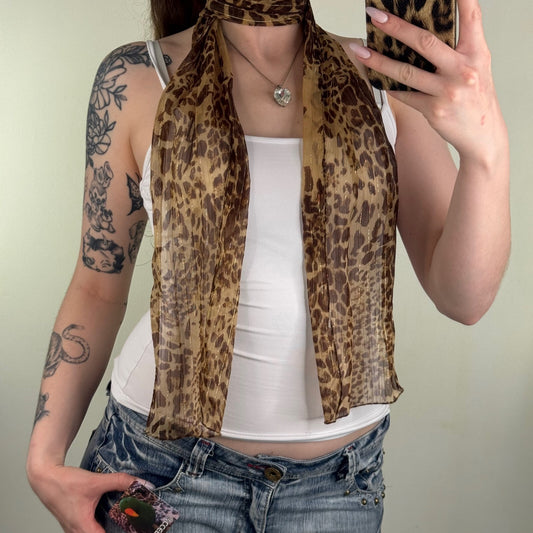 Y2K vintage scarf leopard print sheer brown sparkly pinstripe glitter skinny