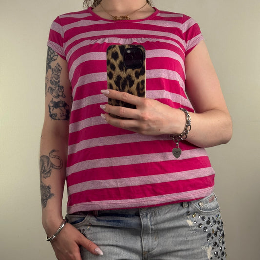 Y2K vintage stripe t-shirt short cap sleeve top pink baby pink sparkly stripy