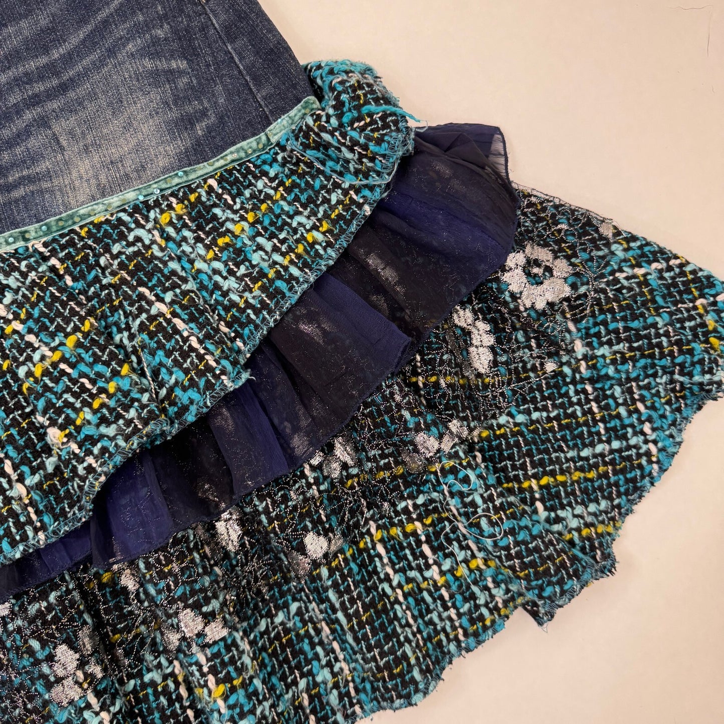 Y2K vintage midi skirt denim tartan patchwork tiered floral layered boho faded