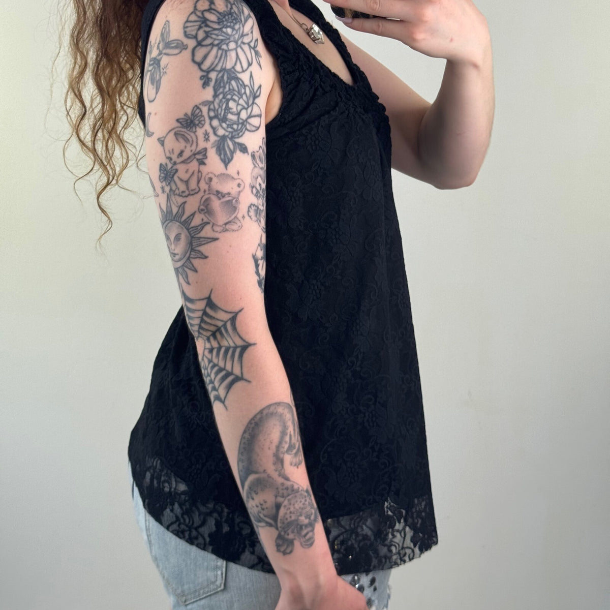 Y2K vintage lace tank top overlay floral pattern sleeveless ruched double layer