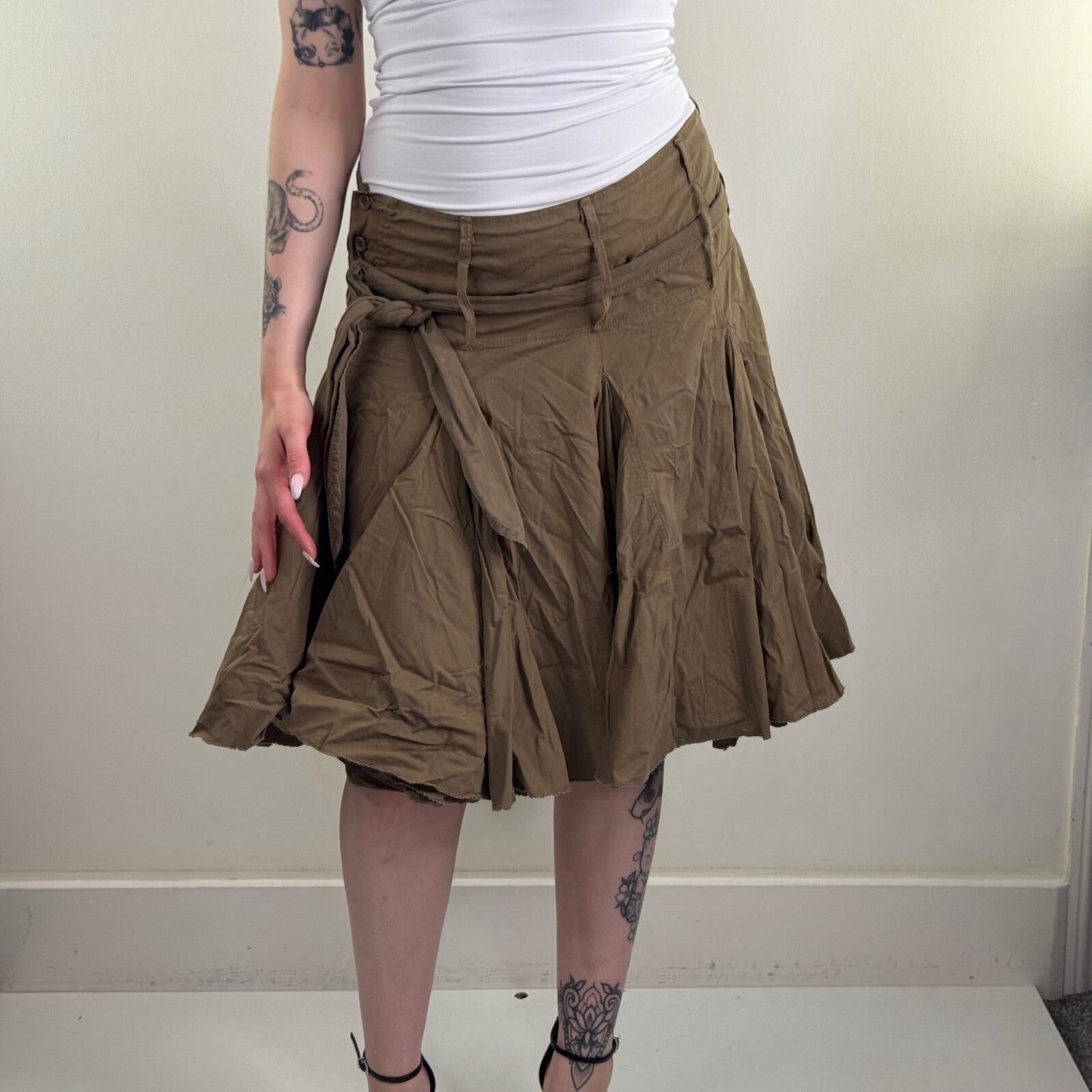 Y2K vintage midi skirt a line ruffle khaki gathered adjustable bow knee length