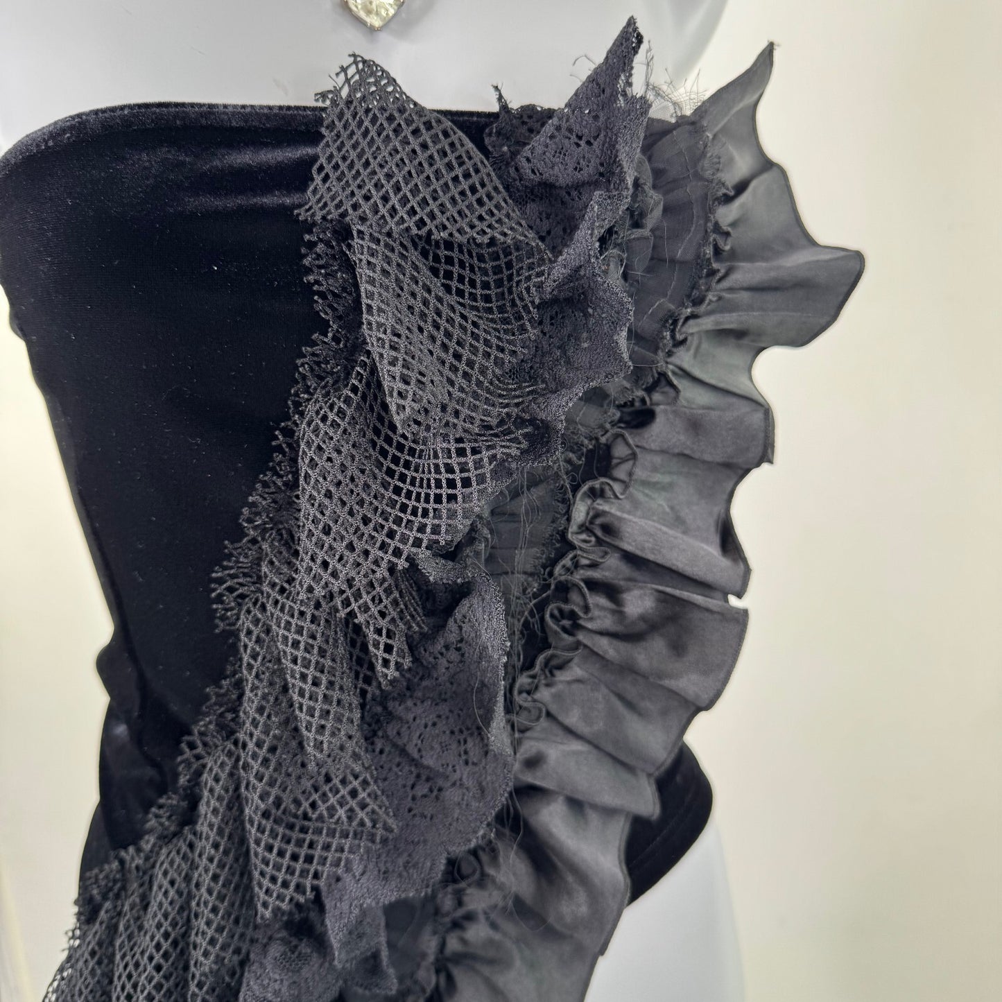 Y2K vintage strapless top ruffle velour fishnet ruched asymmetrical patchwork