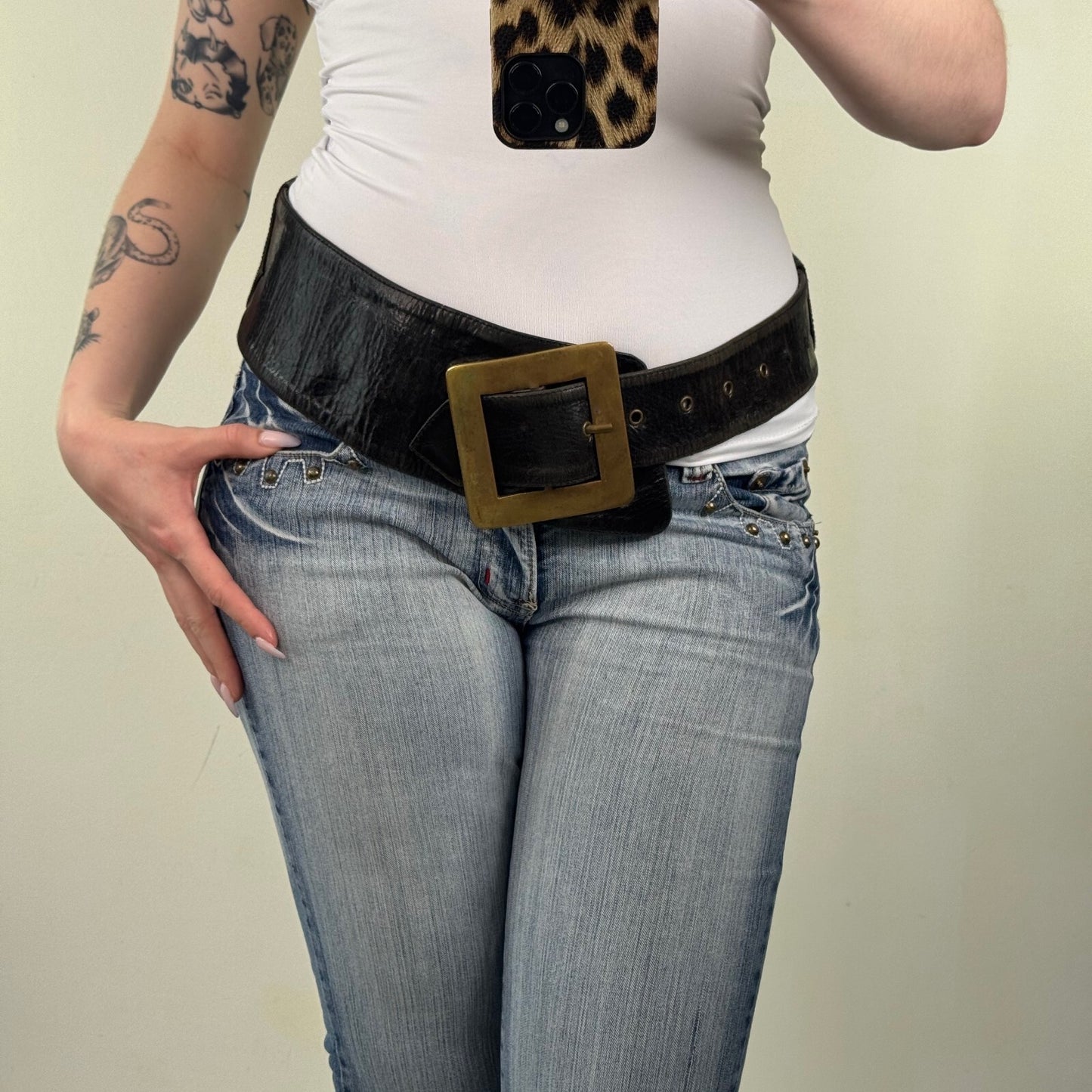 Y2K vintage genuine leather belt chunky oversize square buckle