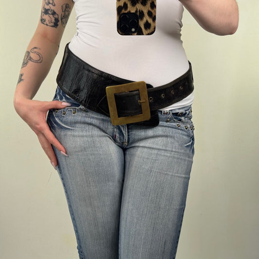 Y2K vintage genuine leather belt chunky oversize square buckle