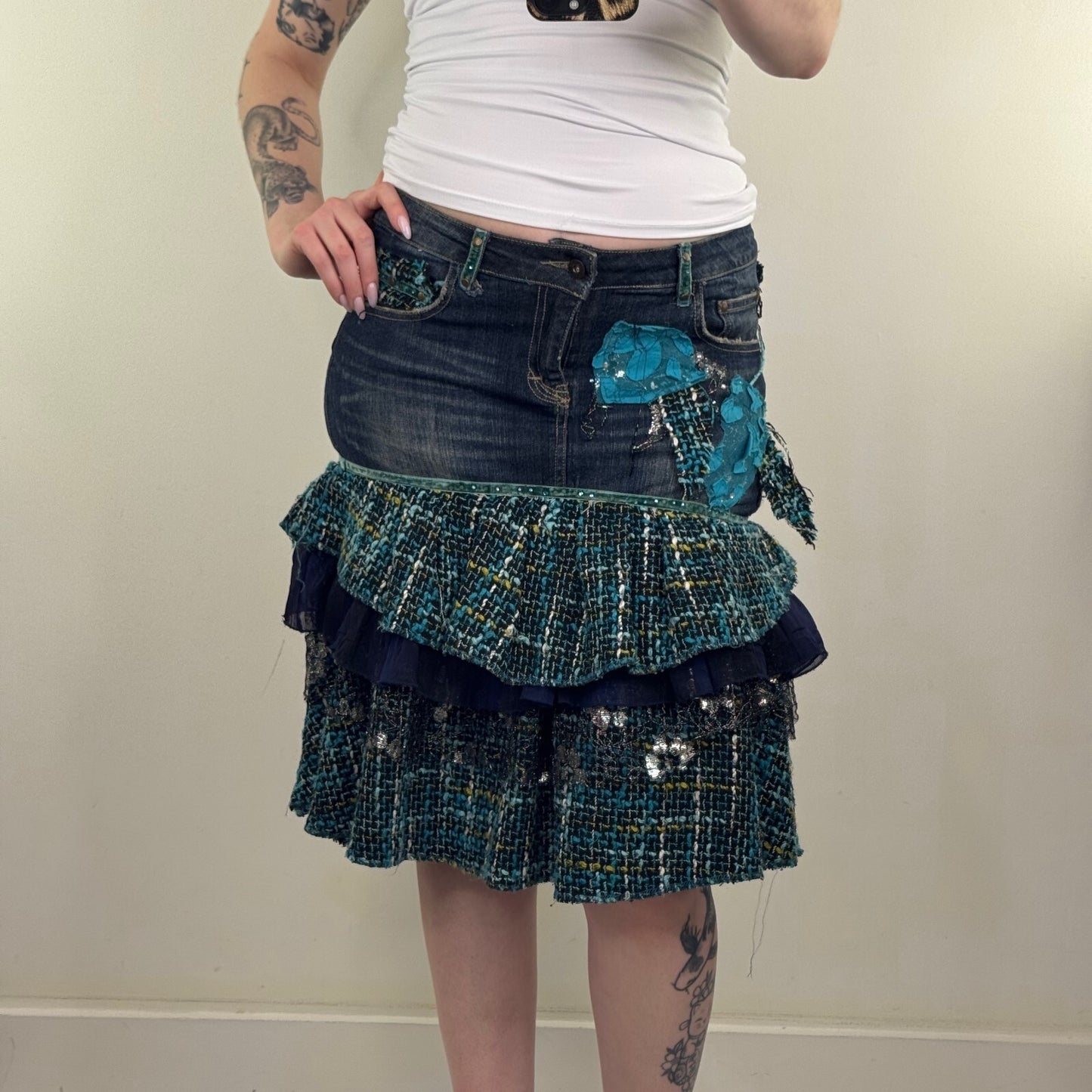 Y2K vintage midi skirt denim tartan patchwork tiered floral layered boho faded