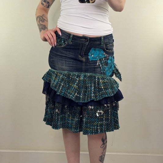 Y2K vintage midi skirt denim tartan patchwork tiered floral layered boho faded